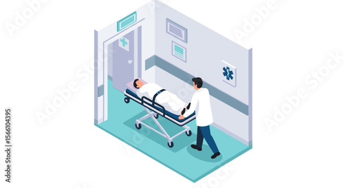 Hospital emergency room vector illustration: doctor transporting patient on stretcher in isometric style