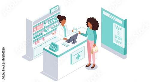 Pharmacy interaction vector illustration: healthcare design for educational materials in isometric style