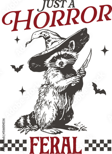 Just a Horror Feral – Raccoon in witch hat with knife and bats, dark spooky Halloween design for creepy, chaotic, or feral vibes lovers