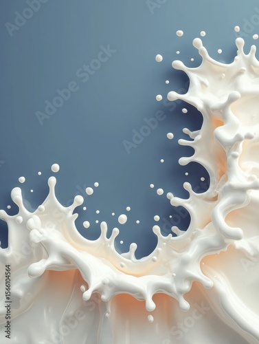 Dynamic splash of creamy white liquid curling across a soft blue background with droplets suspended mid-air. Concept of freshness and fluid motion in abstract design