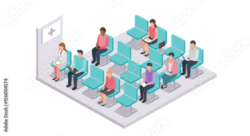Waiting room scene vector illustration: healthcare concept, design for poster, isometric style