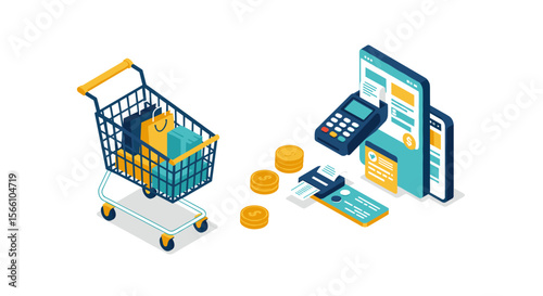 Online shopping and payment concept vector illustration: e-commerce design for poster in isometric style