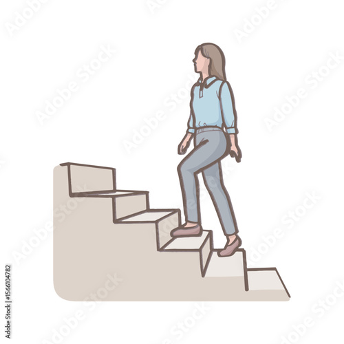 A woman going (coming) up the stairs