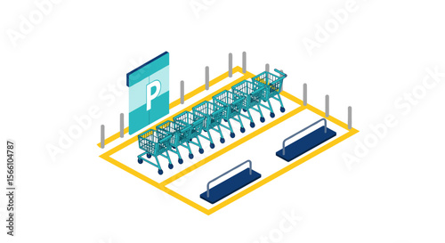 Isometric parking lot design vector illustration of shopping carts