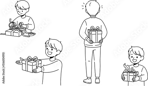 Line art illustration showing boys giving and receiving gifts for birthday christmas or special occasion vector illustration