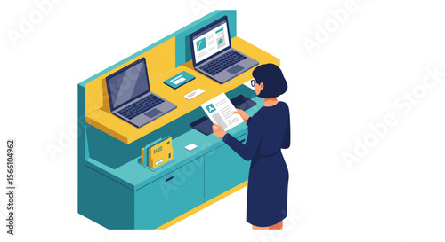 Business office workstation vector illustration: isometric design for print and digital use
