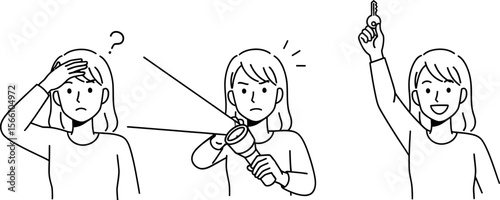 Woman searching for key with flashlight and finding it illustration vector line art drawing outline vector illustration