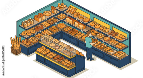 Bakery interior vector illustration: isometric design for print and posters