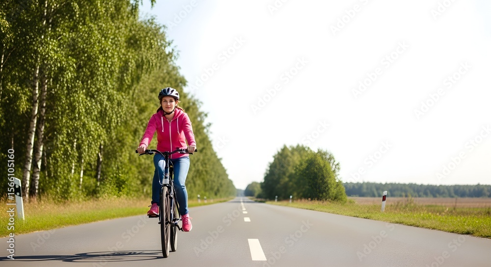 Fototapeta premium Woman on Bicycle Riding Through Empty Road Surrounded by Nature with Sky Above for Text