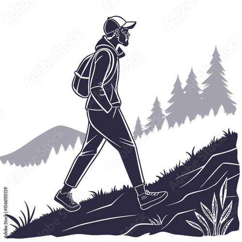Man with backpack hiking up a hill with trees and mountain in the background in black and white style