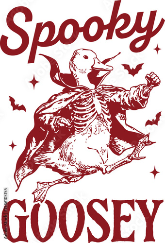 Spooky Goosey – Skeleton goose wearing vampire cape and flying, hilarious and eerie Halloween bird-themed design