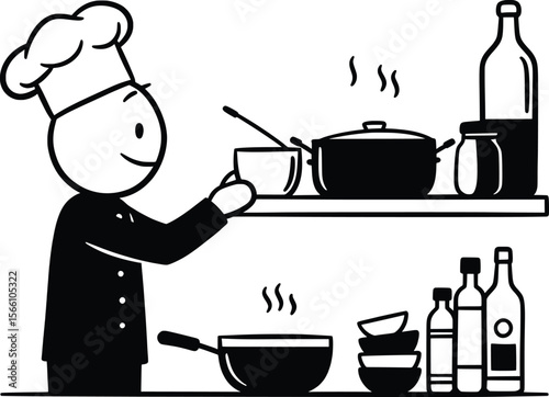 Cooking Action with Stick Man Chef Using Kitchen Tools in a Graphic Kitchen Environment