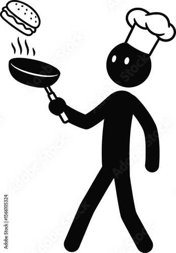 Stick Man Chef Using Kitchen Tools in a Vector Kitchen Environment