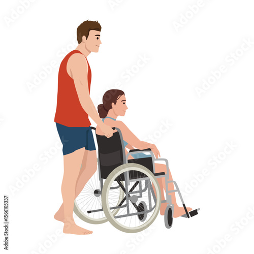 Man Assisting Woman in Wheelchair Outdoors. Flat vector illustration isolated on white background