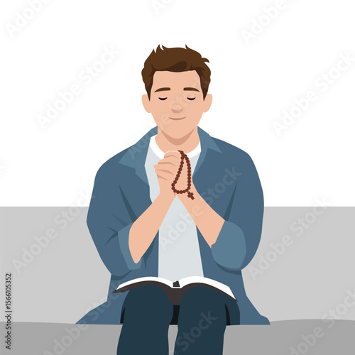 Young Man Praying with Rosary and Bible. Flat vector illustration isolated on white background