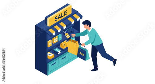 Shopping spree vector illustration with man at discount stand for retail design in isometric style