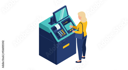 Isometric vector illustration of woman using atm machine for banking poster design