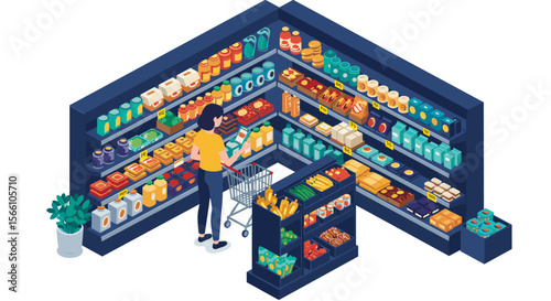 Supermarket shopping vector illustration: isometric design for retail and grocery concepts
