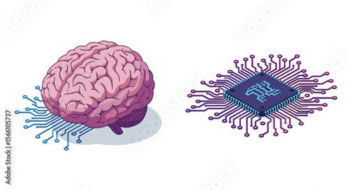 Brain and microchip connection vector illustration for technology and ai concepts