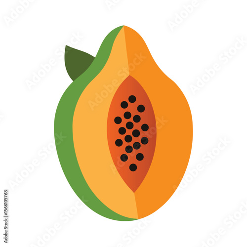 Flat papaya vector, sliced with seeds, minimal design, solid background white.eps