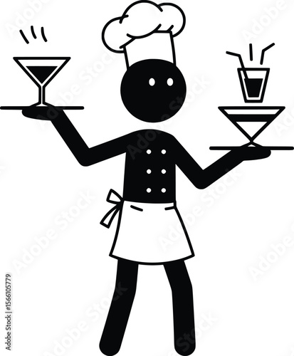 Stick Man Chef with Drinks in Kitchen, Vector Illustration, Fun Environment