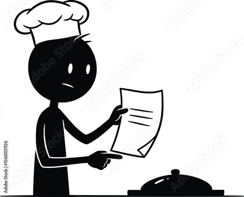 Stick Man Chef in the Kitchen Reviewing a Recipe Illustration