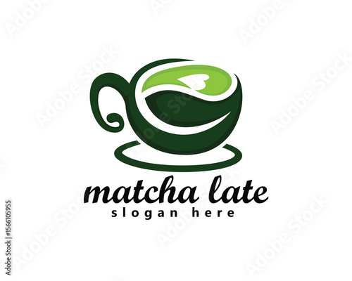 creative matcha late logo, leaf shaped glass containing matcha logo design inspiration