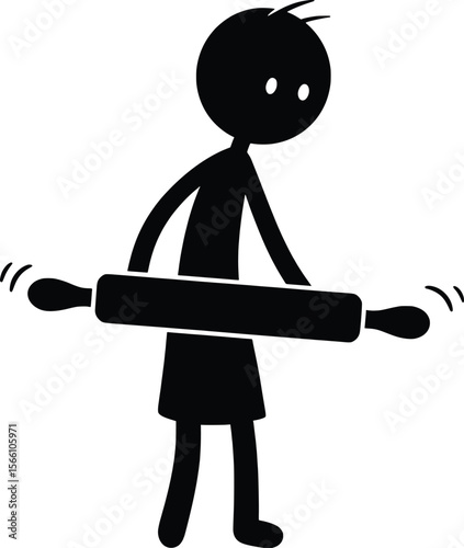 Cooking Action with Stick Man Rolling Dough in a Kitchen – Vector Kitchen Tool Illustration