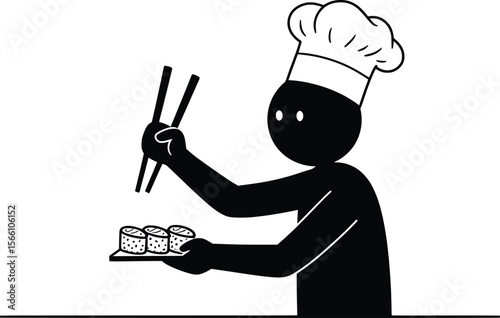 Stick Man Chef Using Chops in Kitchen, Vector Art Representation of Kitchen Tool Skills