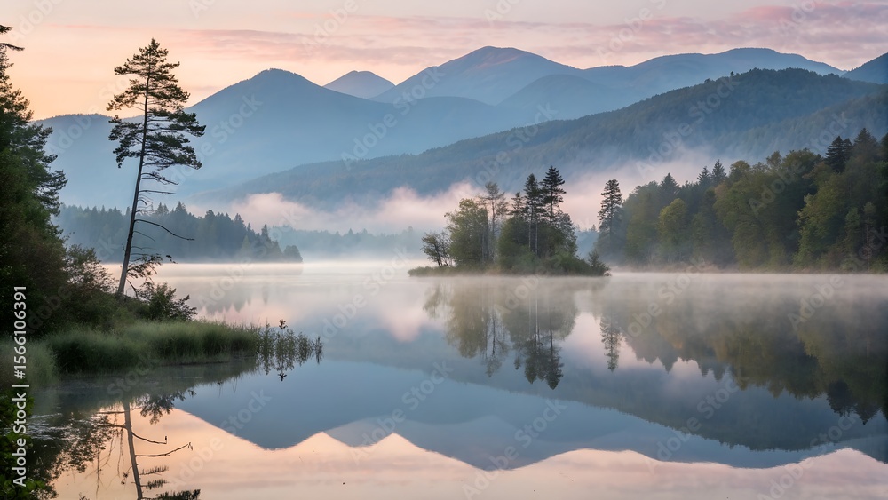 Fototapeta premium Misty mountain lake at sunrise with perfect reflection of trees and hills