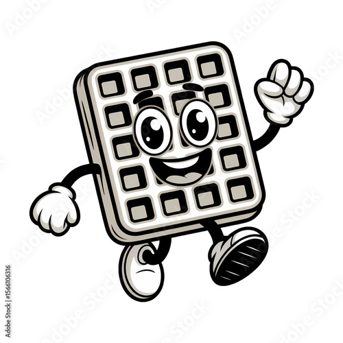 Happy cartoon waffle character dancing joyfully with arms outstretched and a bright smile