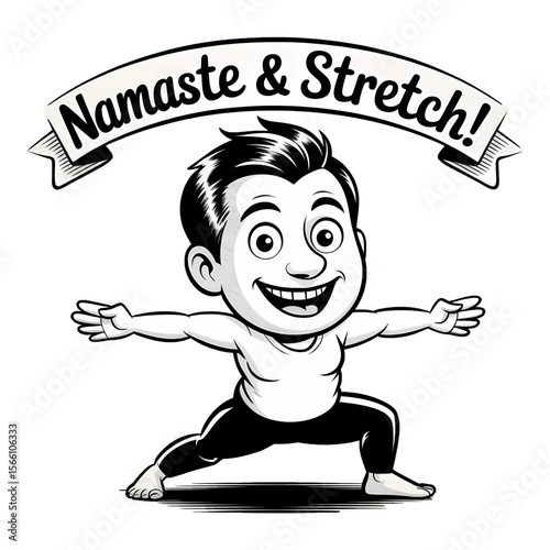 Cheerful character demonstrating yoga stretches with enthusiastic message in black and white design
