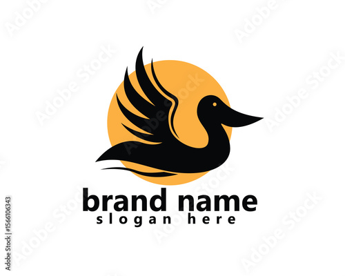 creative pelican logo, pelican flying across the sun logo design template