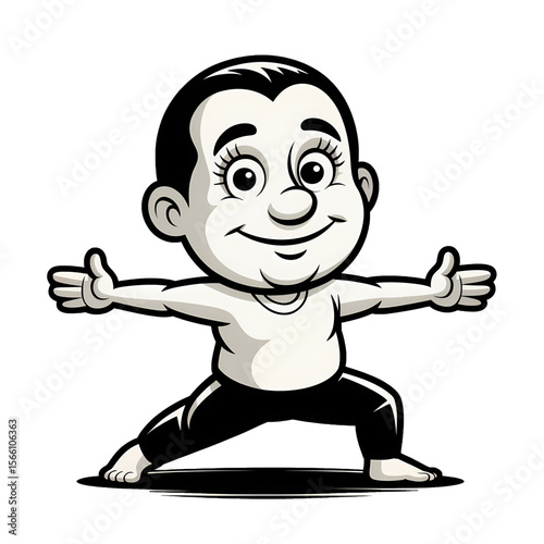Cheerful character demonstrating yoga stretches with enthusiastic message in black and white design