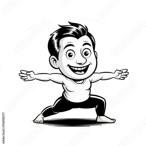 Cheerful character demonstrating yoga stretches with enthusiastic message in black and white design