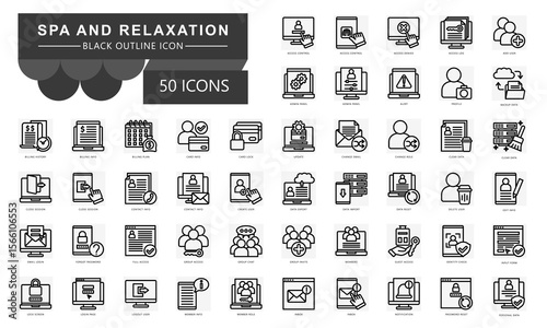 Spa and relaxation black outline icons set. contain aroma theraphy, chamomile tea, essential oil, mindful rest, relaxation music and more. Vector for modern concept, UI, UX, web and app development.