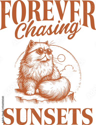 Forever Chasing Sunsets – Fluffy cat in sunglasses watching sunset, peaceful design for dreamers and sunset lovers