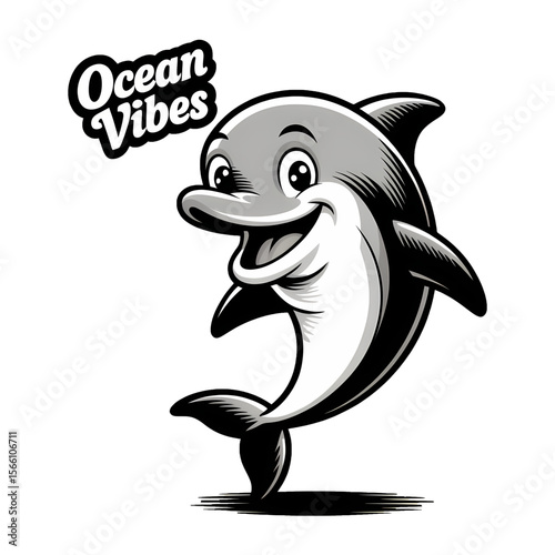 Dolphin character expressing joy with ocean vibes in a playful design, perfect for summer themes and beach-related artwork