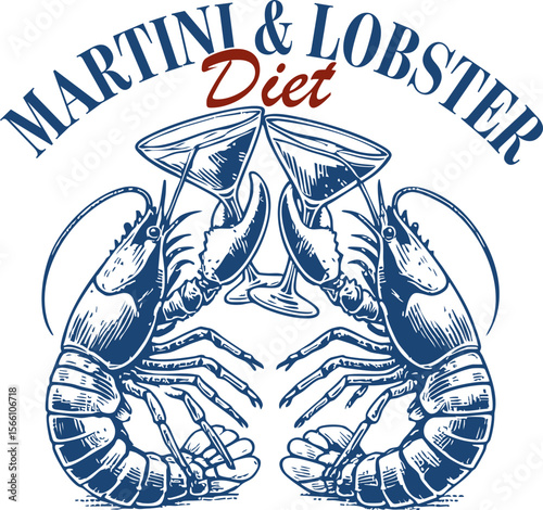 Martini & Lobster Diet – Two lobsters clinking martini glasses in elegant seafood cocktail design for summer party vibes