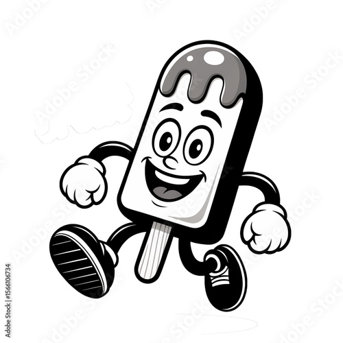 Fun cartoon character of a joyful ice cream popsicle running happily on a plain background