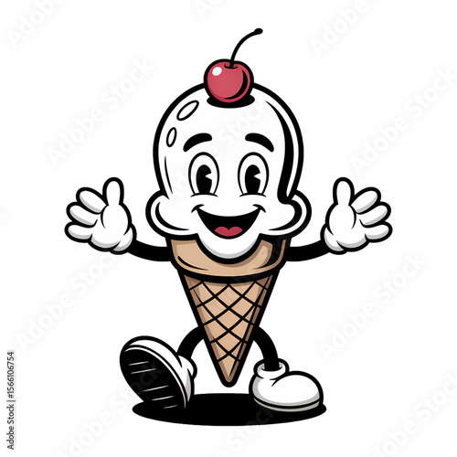 Fun cartoon character of a joyful ice cream popsicle running happily on a plain background