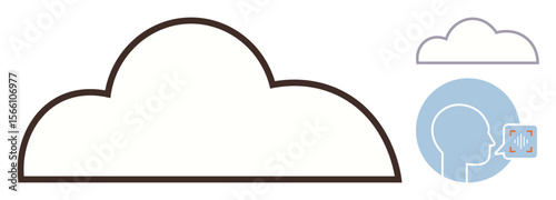 Cloud outline paired with head profile and soundwave, illustrating voice recognition, data storage, and communication. Ideal for technology, AI, networking, innovation, connection automation simple