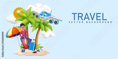 young traveler sitting on location pin and beautiful paradise.airplane character flying on sky.travel concept modern and creative background,banner and advertising template vector illustration.