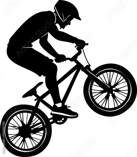 Bicycle rider silhouette performing stunt with helmet and casual clothing showing dynamic motion and balance