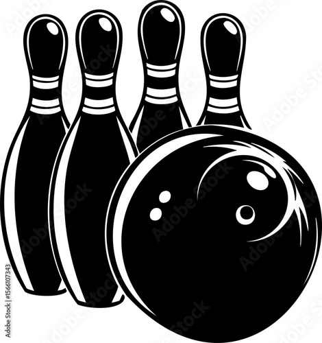 Bowling ball and pins silhouette sport equipment for indoor game and recreation activity