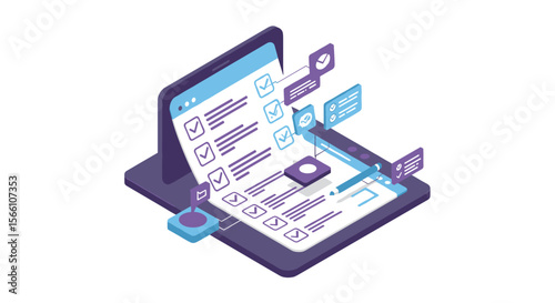 Isometric vector illustration of digital communication and email management on tablet for graphic design