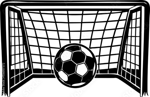 Soccer ball hitting goal net in black and white illustration showing classic soccer goal with net and ball in motion