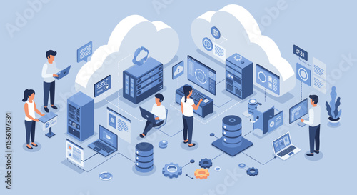 Cloud computing network vector illustration: digital collaboration and data management in isometric style for tech design