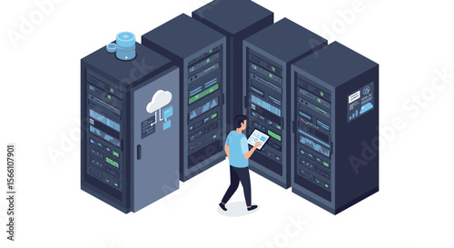Data center management vector illustration in isometric style for technology design