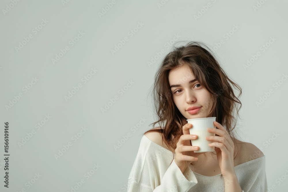Flawless Picture of Pensive Beautiful Young Woman Standing and Drinking Coffee with Milk Flawless Picture of Pensive Beautiful Young Woman Standing and Drinking Coffee with Milk
